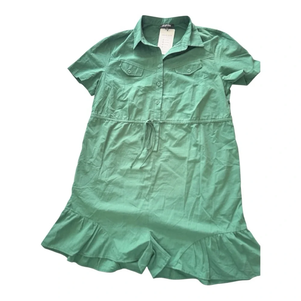 Kojooin Army Green Romper with Ruffled Hem and Collared Neckline - Picture 3 of 11